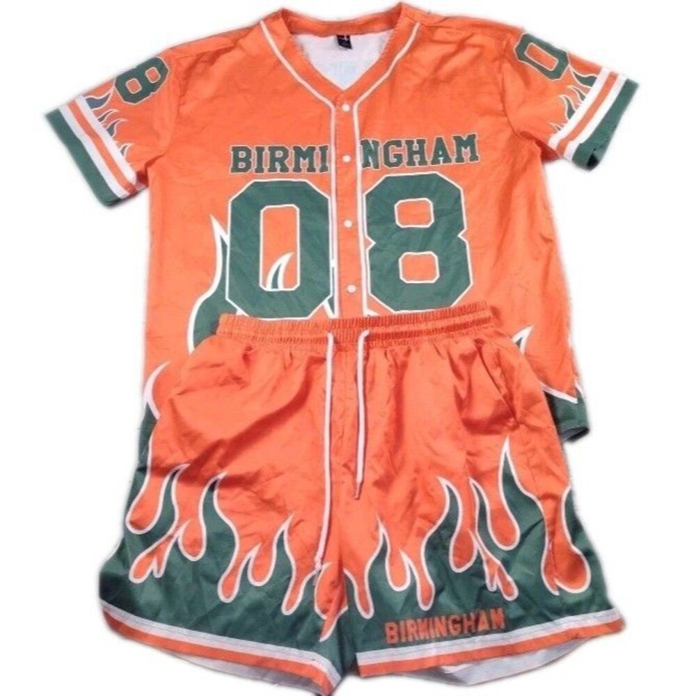 ROMWE‎ Mens L Button Up Shirt & Shorts Birmingham Orange W Green Flames Silky